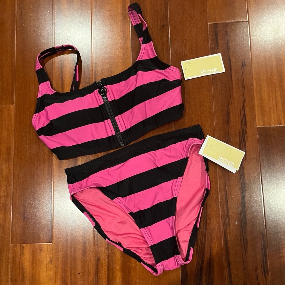 New NWT Michael Kors Pink Black Bikini Swimsuit‎ Two-Piece Stripes Zipper Small